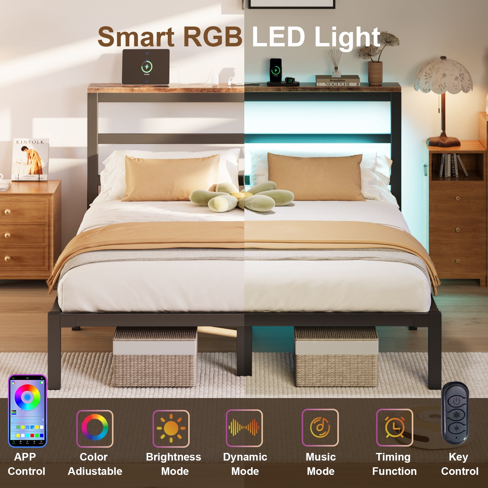 E-motie Queen Size Bed Frame with Storage Headboard, Heavy Duty Platform Bed Frame with Charging Station and LED Light, Easy to Assemble, No Box Spring Required, Black