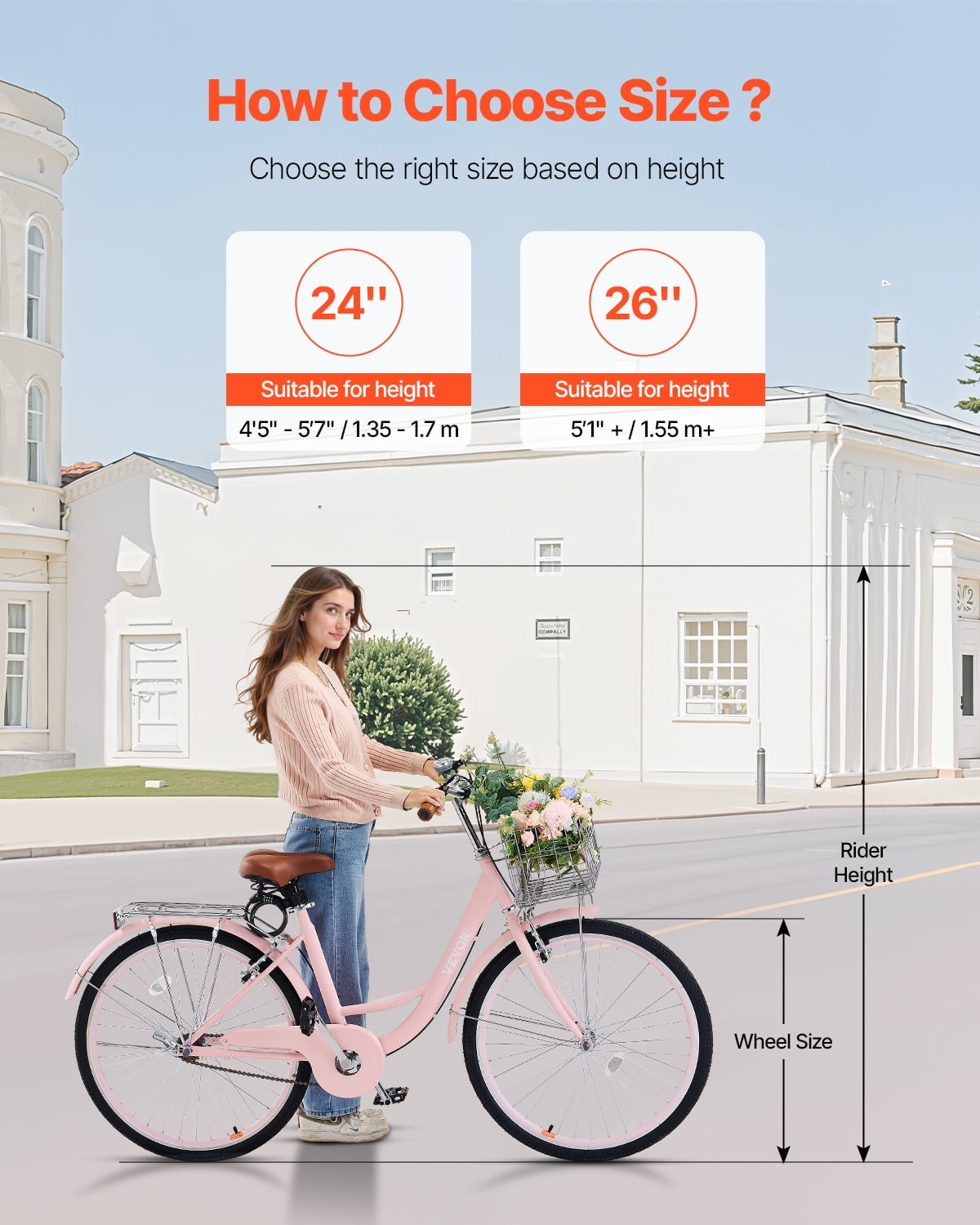 VEVOR Cruiser Bike, 1-Speed, 26-Inch Pink Beach Cruiser Bike with Large Capacity Basket and Rear Rack, Secure & Sturdy Cruiser Bike with Adjustable Seat, Fits for Cycling, Exercise & Shopping
