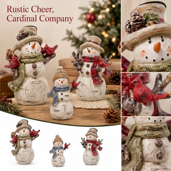 MInHoues Christmas Snowman Figurine Set of 3, Rustic Wooden Grain Snowman with Red Bird Pinecone for Tabletop, Perfect for Christmas Tree Mantel Shelf Tabletop and Holiday Party Decor