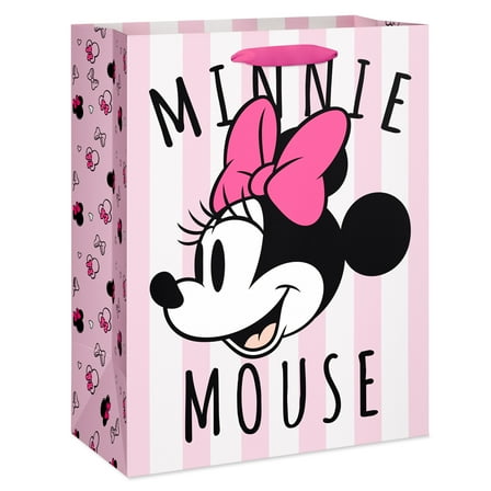 American Greetings 12.75 in. Large Minnie Mouse Pink Gift Bag, Pink and White Stripes (1-Count)