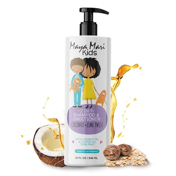 MAYA MARI Champú y Acondicionador Infantil 2 en 1 con Aceite de Coco y Aceite de Ricino | Productos para el cabello rizado y desenredante sin sulfatos y sin desgarros para niños, 32 onzas líquidas