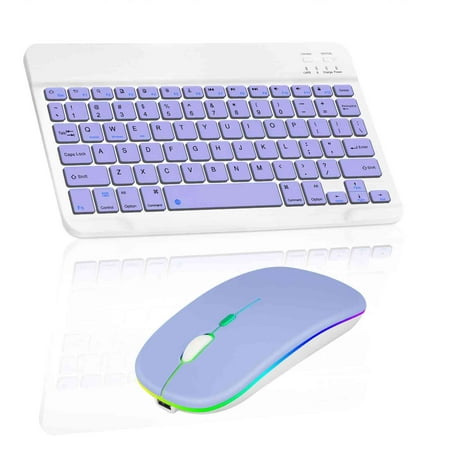 Rechargeable Bluetooth Keyboard and Mouse Combo Ultra Slim for Samsung Galaxy Tab S7 and All Bluetooth Enabled Android/PC-Lavender Purple Keyboard with RGB LED Lavender Purple Mouse