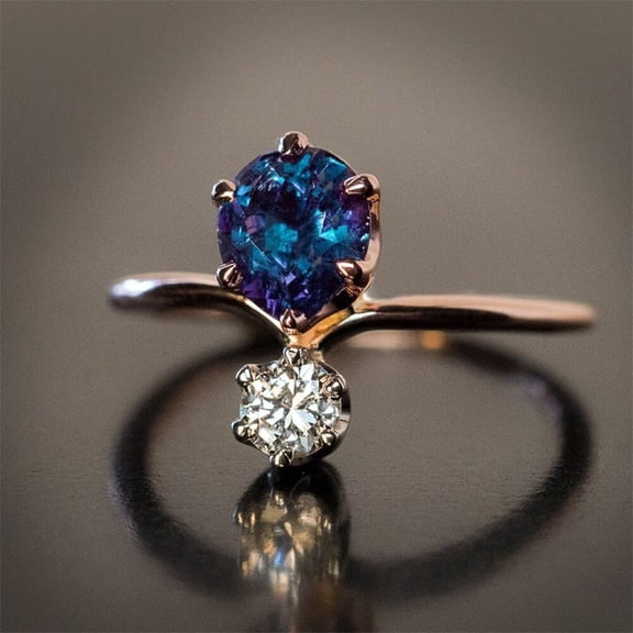 Womens Rose Gold Ring with Double Zircon Inlaid Artificial Gems Geometric Copper Ring for Her Elegant Fashion Jewelry Gift