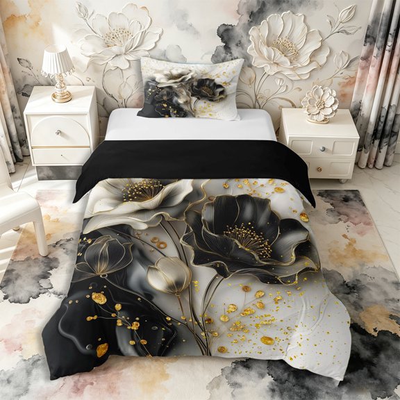Castle Fairy Luxury Ink Gold Floral Art Twin Duvet Cover,Black White Flower Glitter Splash Layout Twin Bedding,Gold Gray,Black Reversible,2pcs,No Comforter,1 Duvet Cover and 1 Pillowcase