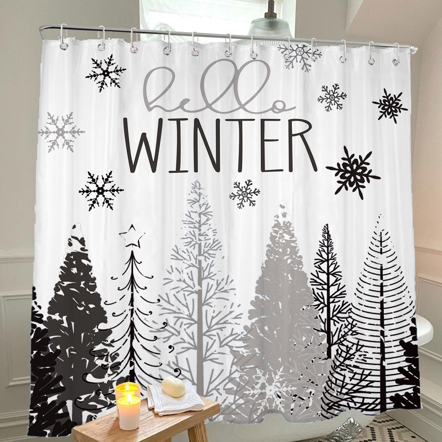 Winter Shower Curtain, 72"X72" Snowflake Shower Curtain, Grey Christmas Shower Curtain Fabric with Hooks, Farmhouse Christmas Tree Bathroom Decor, Holiday Xmas Bathroom Set