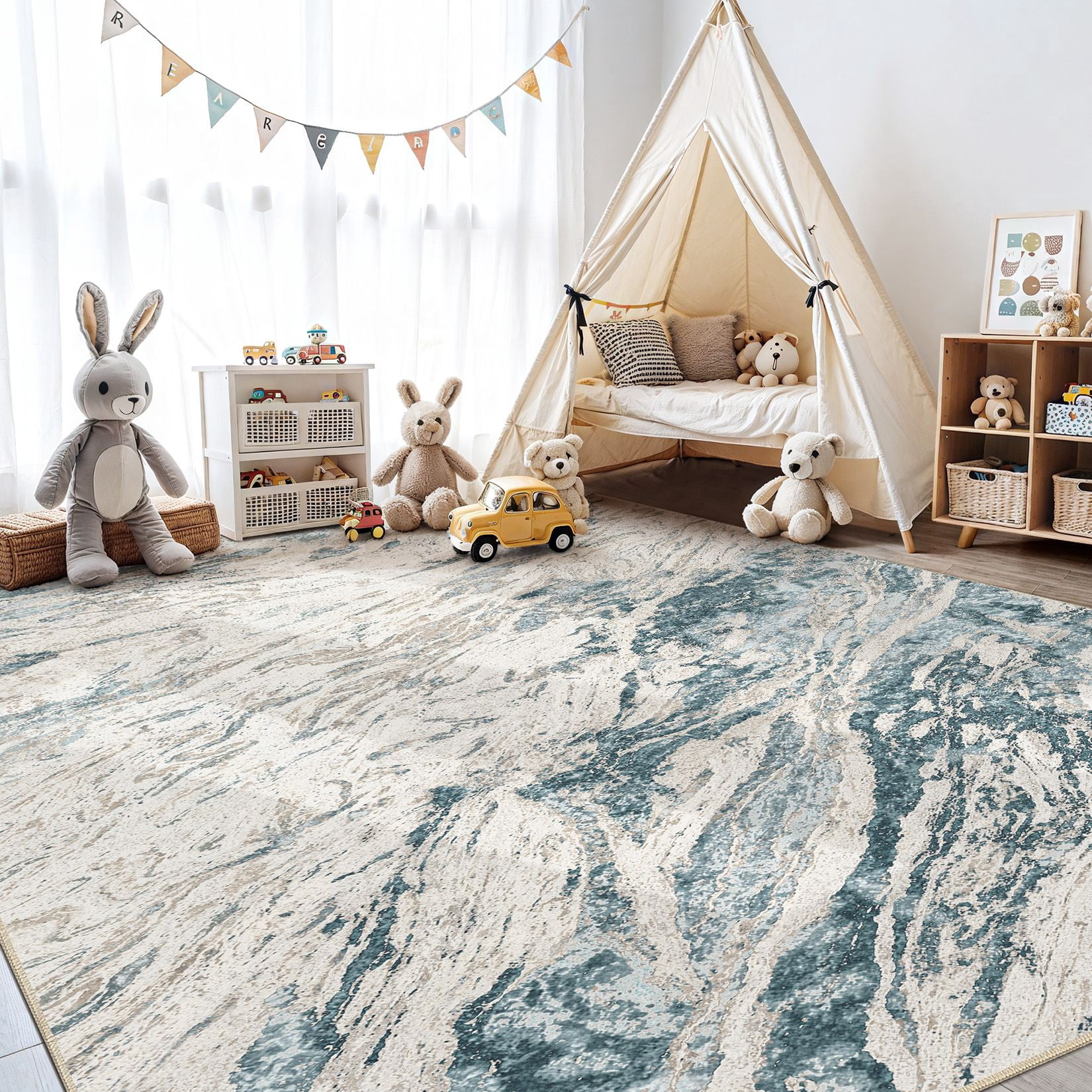 MICGEEK 6x9 Washable Area Rugs for Living Room, Modern Abstract Printed Rug, Vacuum-Friendly, Non Slip Indoor Rug for Bedroom Dining Room Home Decor Carpet, Blue/Brown