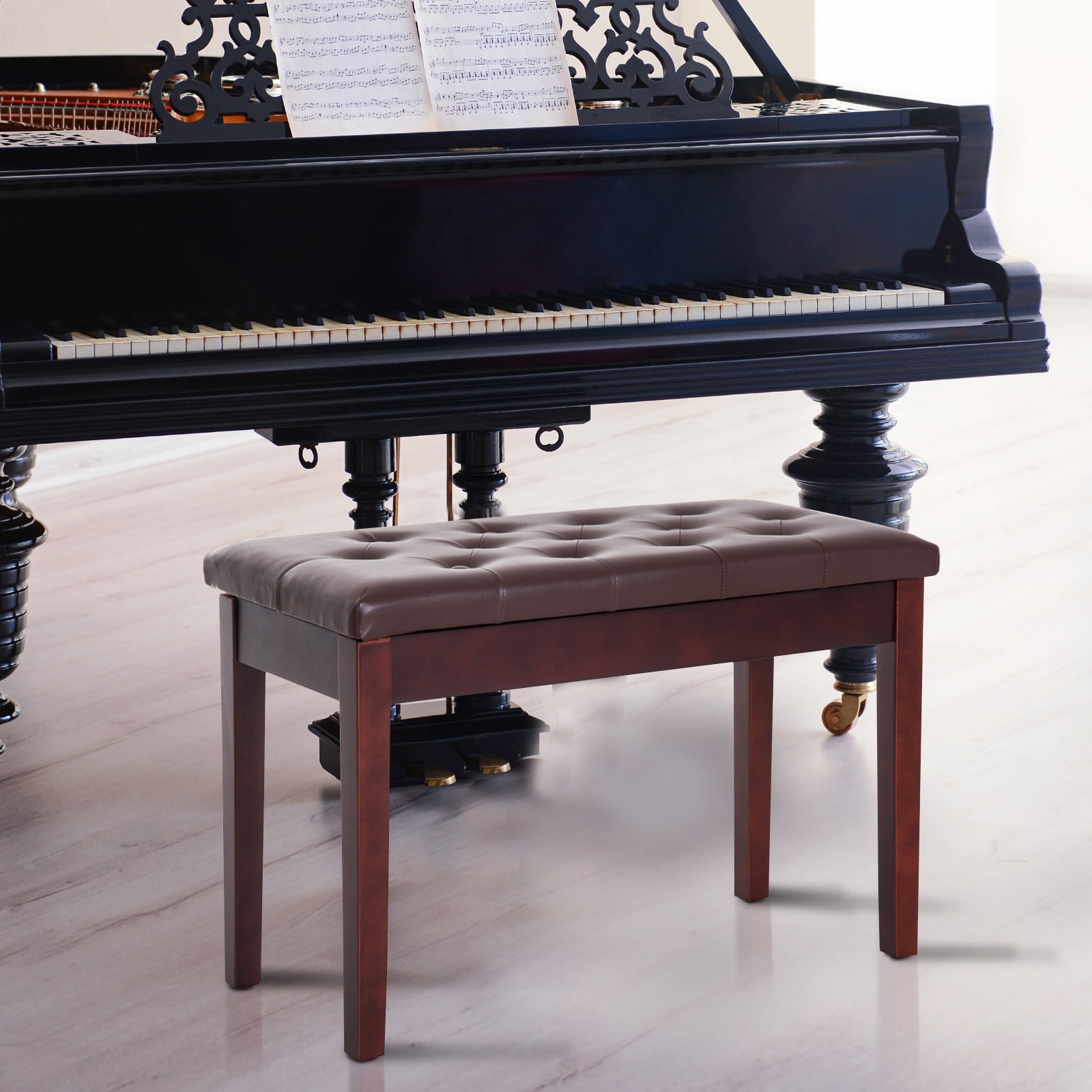 Nmkwnr Padded Cushion Piano Bench with Wooden Frame, Faux Leather Bench for Living Room, Office, Brown