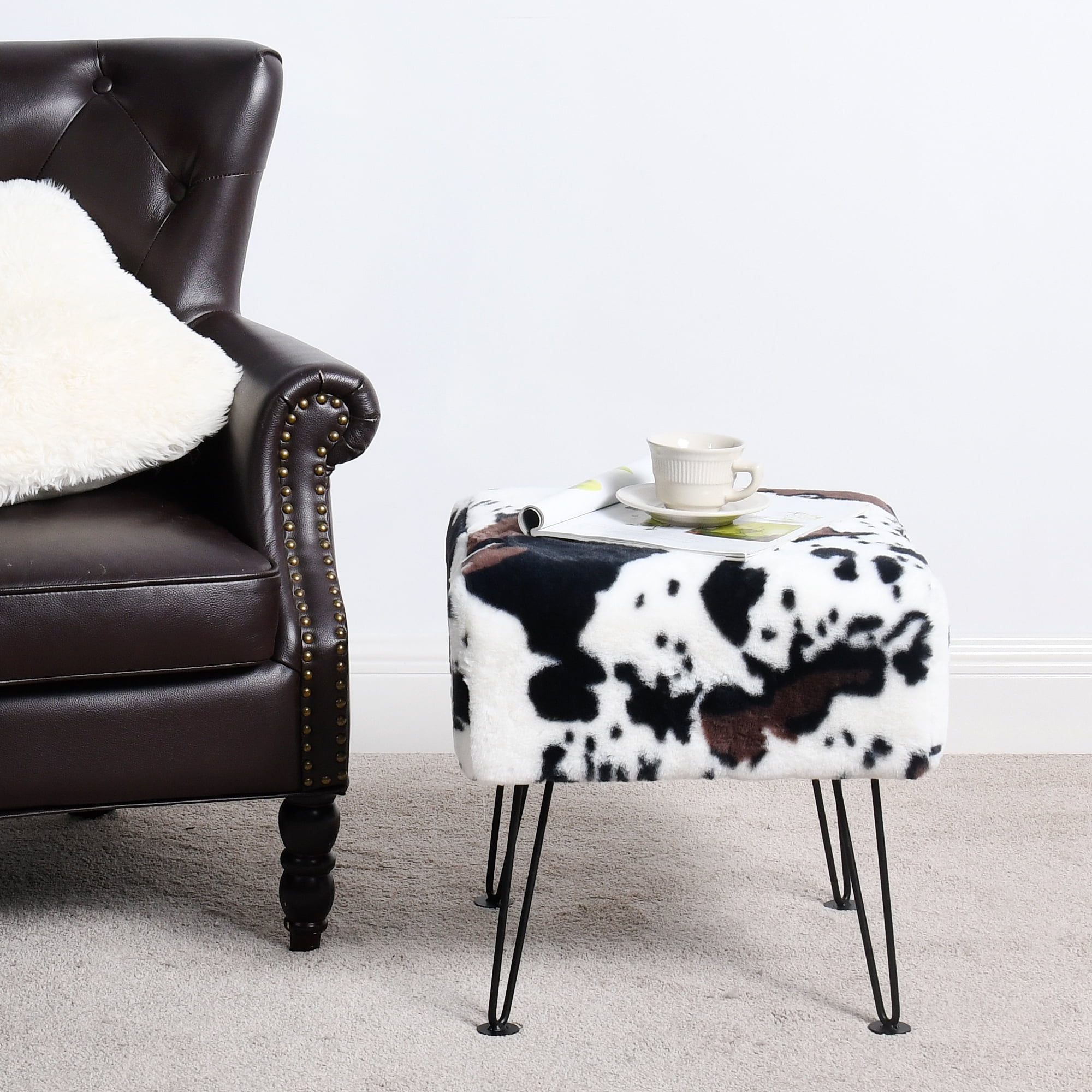 Home Soft Things Faux Fur Ottoman - Cows Flowers - Black Leg - 17x17x17"