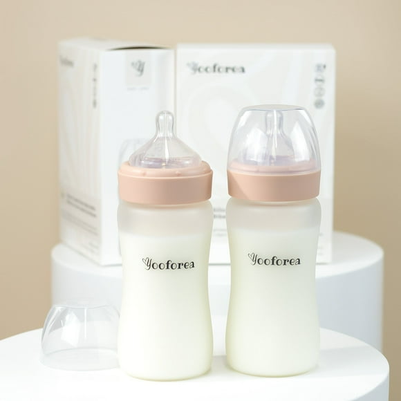 Yooforea Biberon pour Bébé en Verre Revêtu de Silicone, Tétine à Débit Rapide 6 M+ I Anti-Coliques, Goulot Grand, Base Stable I Revêtement en Silicone de Qualité Médicale Protection contre les Bris, Sans BPA BPS PVC (Lot de 2, 270 ML/9 OZ-Miel)