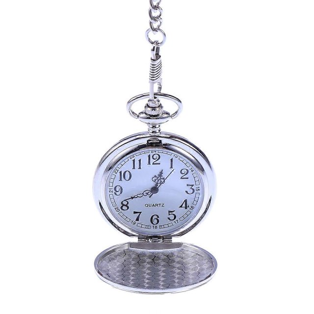 Mens Blank Stainless Steel Case White Dial Arabic Numeral Pocket Watch with Chain
