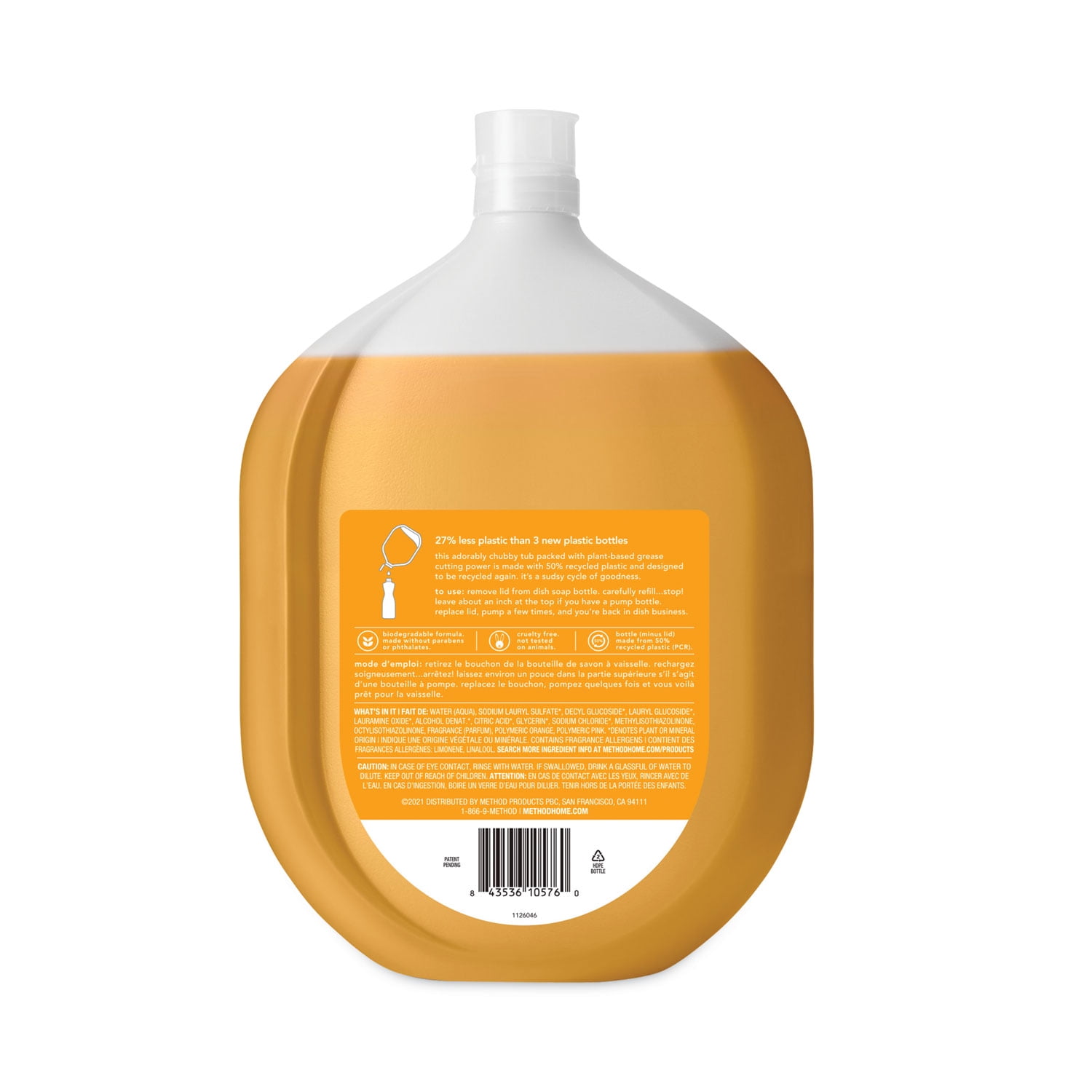 Method Dish Soap Refill Tub, Clementine Scent, 54 oz Tub, 4/Carton (10576)