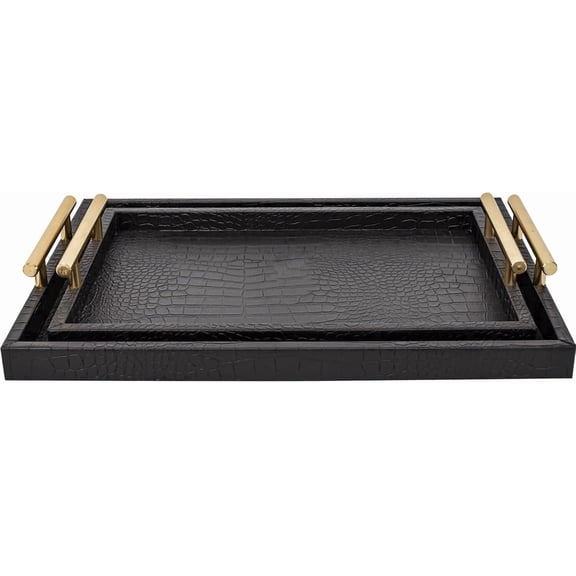 MODE HOME Set of 2 Modern Elegant Large Wood Serving Tray, Rectangle Decorative Tray Ottoman Tay Coffee Table Tray, Black Crocodile Leather with Gold Polished Metal Handles