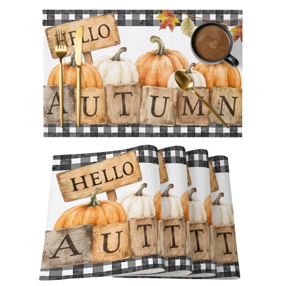 Hello Autumn Placemats Set of 2, Thanksgiving Harvest Pumpkins Maple Leaf Black Plaid Non-Slip Place Mats Washable Table Mats for Kitchen Dining Table Decorations Indoor/Outdoor