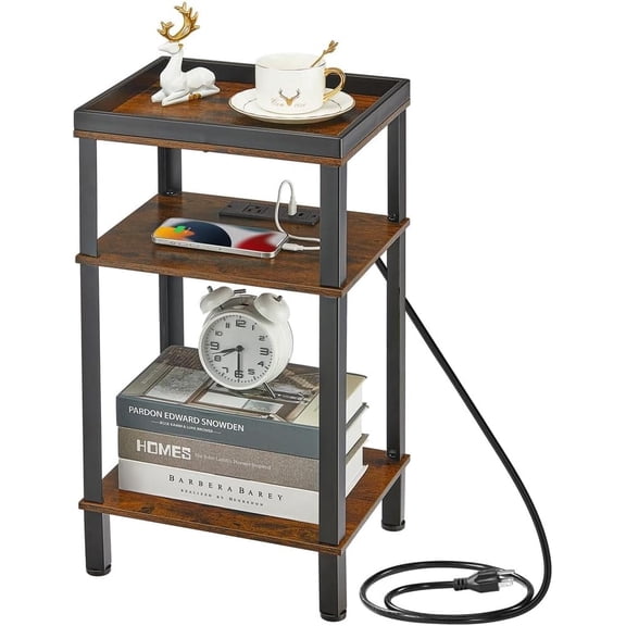 ZEXVIDA Side Table with Charging Station for Small Spaces, 3-Tier End Table with USB Ports & Power Outlets, Narrow End Table Bedside Table Nightstand with Metal Tabletop Tray Storage (Rustic Brown)