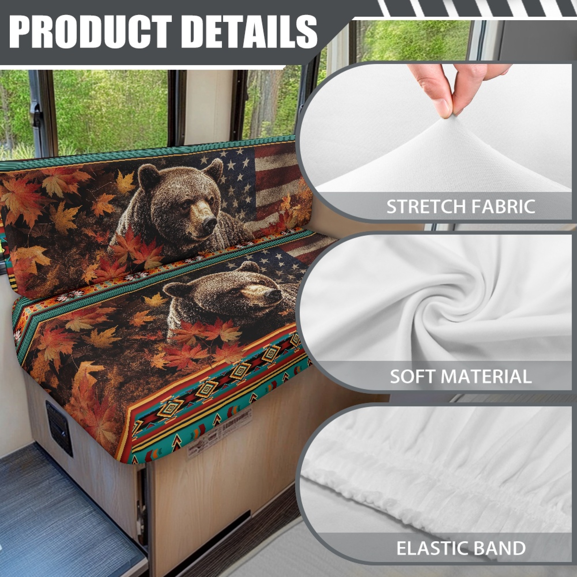 FOR U DESIGNS Bear Maple Leaf Geometric Pattern 2 Pcs RV Dinette Cushion Covers Replacement RV Dinette Booth Seats Cover Elastic Sofa Chair Cover Furniture Protector for RV Camper Car Bench