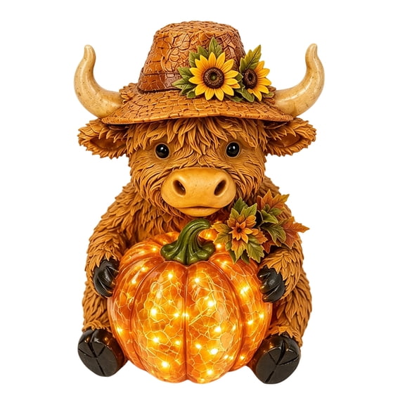 CZSCPDAW Light Up Highland Cow Figurine with Pumpkin and Sunflower Details for Fall Tabletop Decor