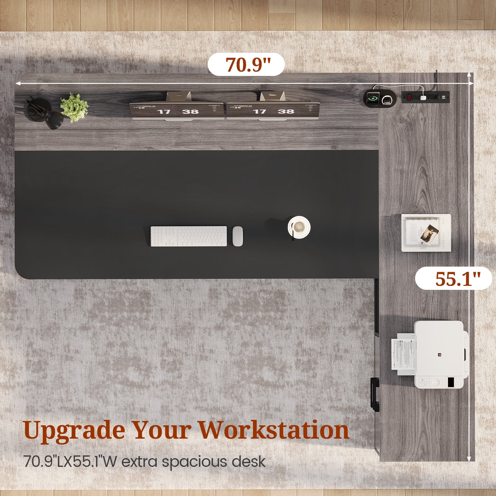 71" Executive Desk, L Shaped Computer Desk with Power Outlets, Corner Office Desk with 3 Drawers, Business Furniture Desk, Gray