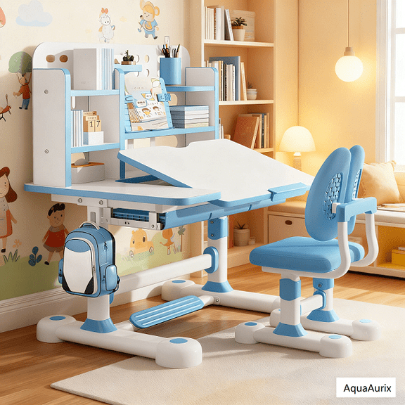 Aqzb Height Adjustable Ergonomic Children Sturdy Table, Kids Desk and Chair Set 50-Degree Tiltable Desktop Study Table, with Chair for Bedroom Study Room Blue