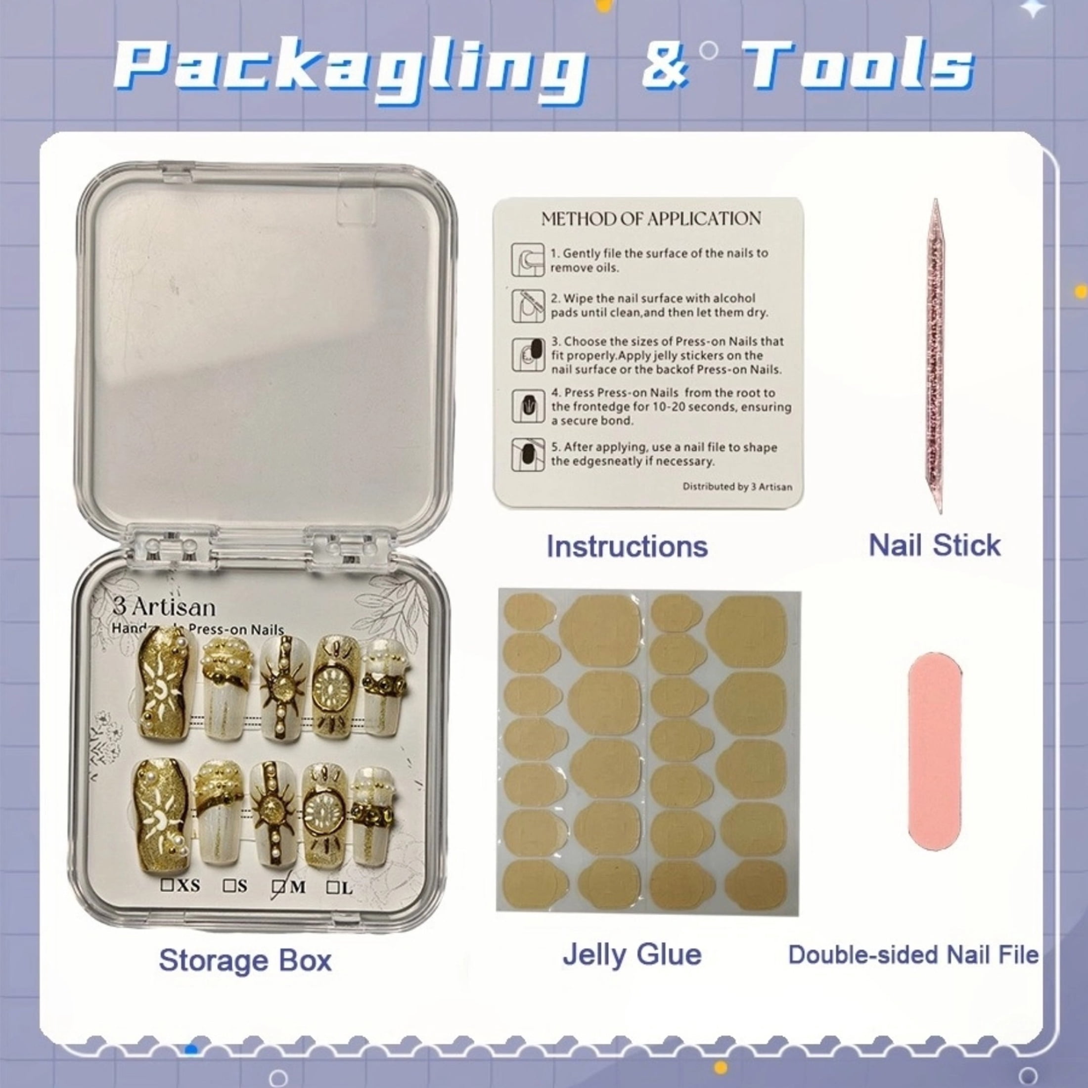 10pcs Square Medium Handmade Y2K Nails – White & Gold, Hand Drawn Sun & Moon Patterns, 3D Pearls & Gems, Summer Independence Day Press On Nails for Women