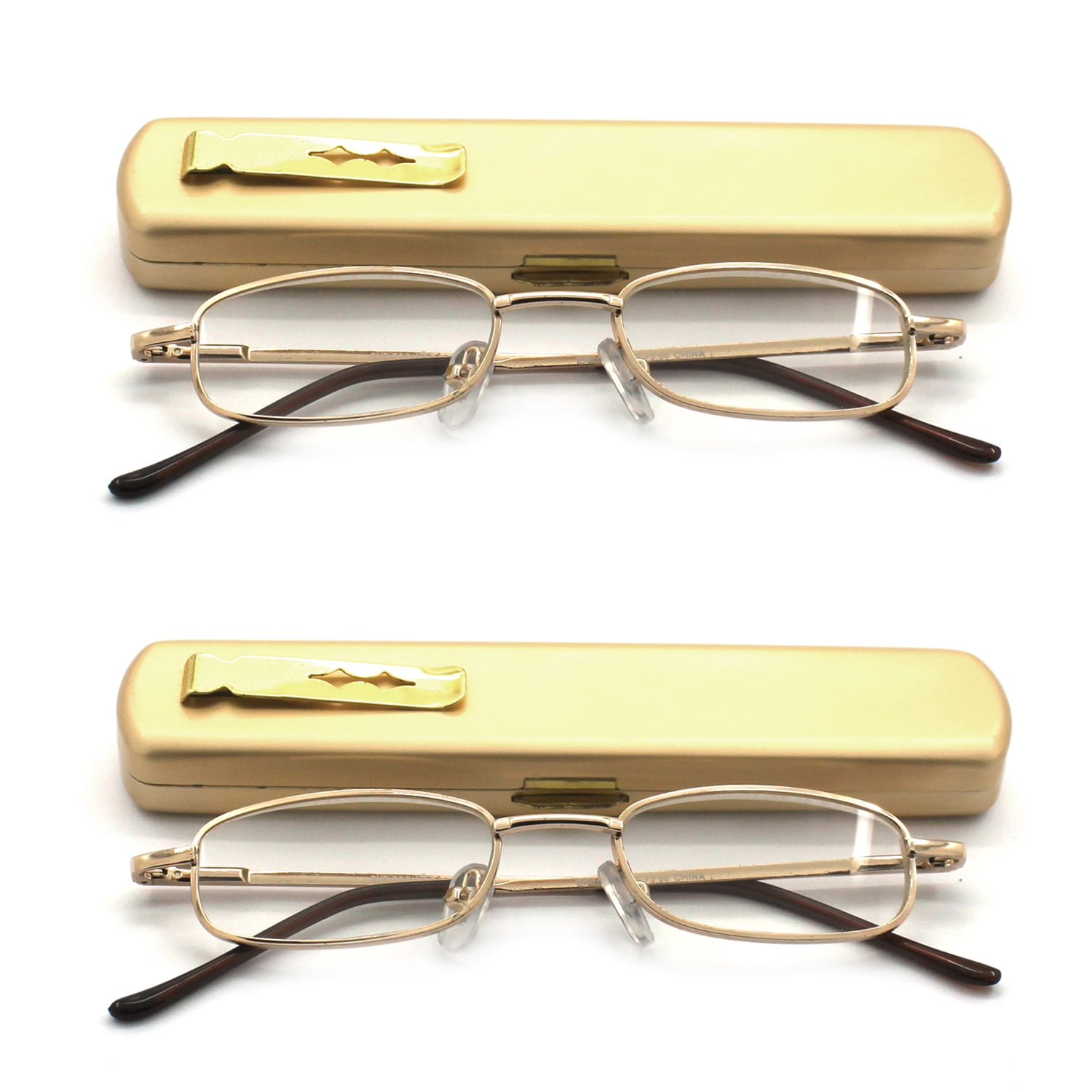 EYE ZOOM 2 Pack Compact Light Metal Portable Reading Glasses with Pocket Hard Case for Men and