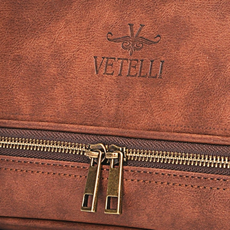 Vetell Classic Men's Leather Toiletry Bag and Dopp Kit with Upper and Lower  Zippered Compartments, 2 Mesh Bottle Pouches, and Carrying Handle - The
