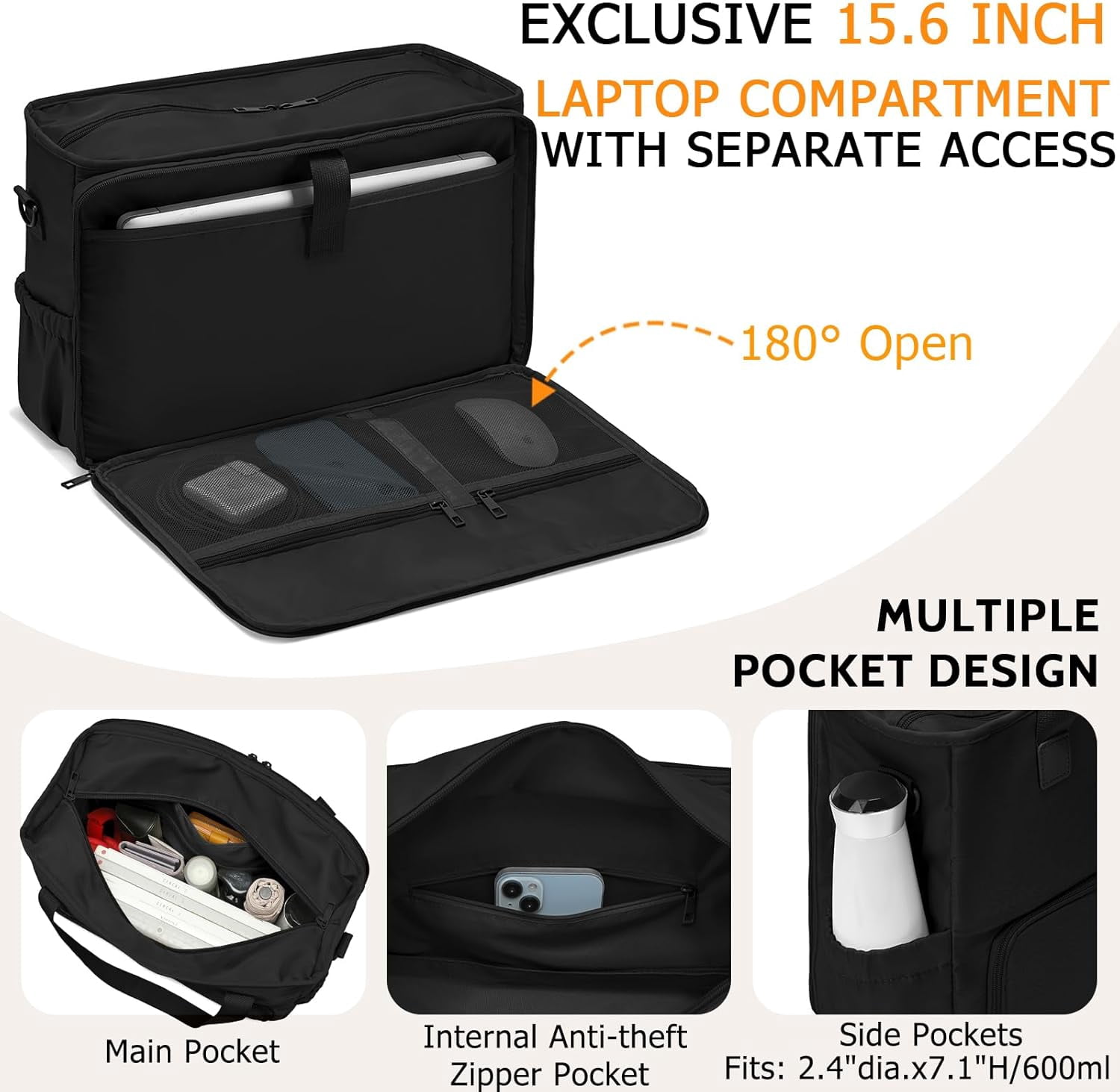 Lohol 2-in-1 Insulated Lunch & Work Tote Bag for Women, 15.6" Laptop Compartment, Teacher & Nurse Office Bag, Casual Laptop Messenger Bag-Black