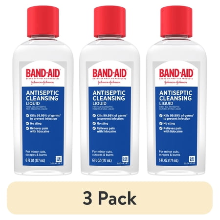 (3 pack) Band-Aid Brand Pain Relieving Antiseptic Cleansing Liquid, 6 fl. oz