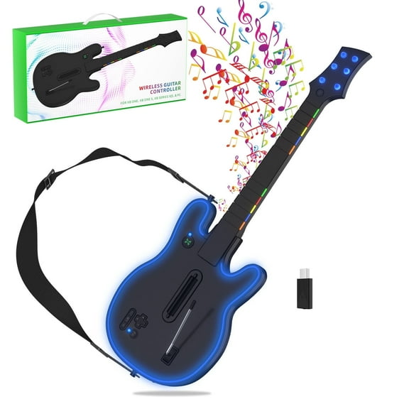 Wireless Guitar Controller Compatible with Xbox One/One S/Xbox Series X/S/PC, Wireless Guitar Remote with Strap/RGB Light for Guitar Hero,Rock Band Games,Sleek Black