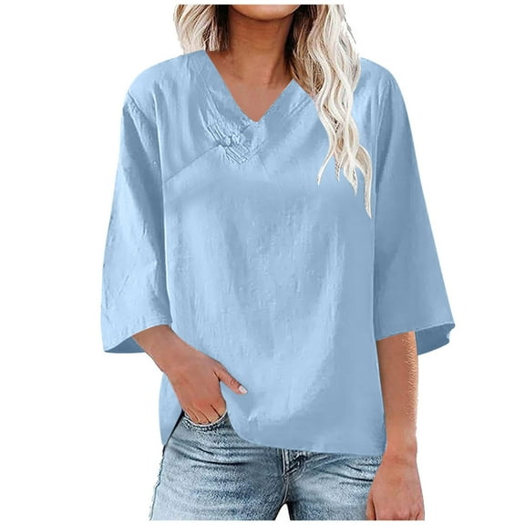 Lovskoo Cotton Linen Summer Tops for Women 2024 V Neck Short Sleeve Solid Solid Color T Shirt Top Style Large Top Shirt Blue
