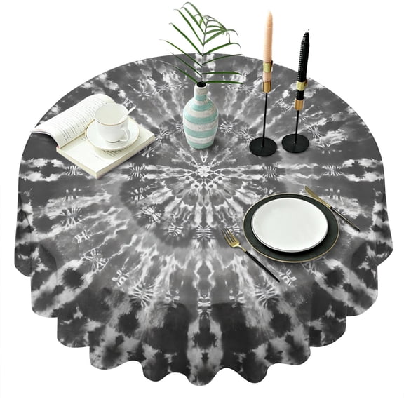 Black Tie Dye Pattern Round Tablecloth 60"x60",Wrinkle Wipeable Table Cloth for Kitchen Dining Room Picnic Patio Party