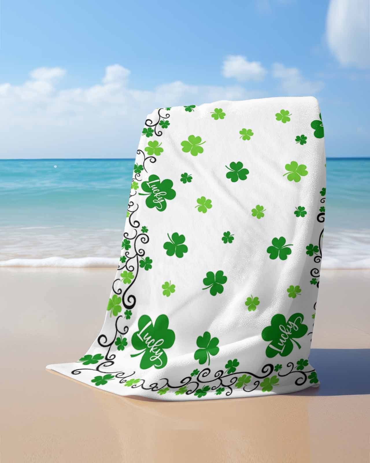 Shamrocks, Beach Towels Oversized Super Absorbent, Saint Patricks Day Green Clover Green White Lightweight Bath Towel Quick Dry Sets For Bathroom/Pool/Rv Camping/Beach Play/Gym Room/Picnic 35"x70"