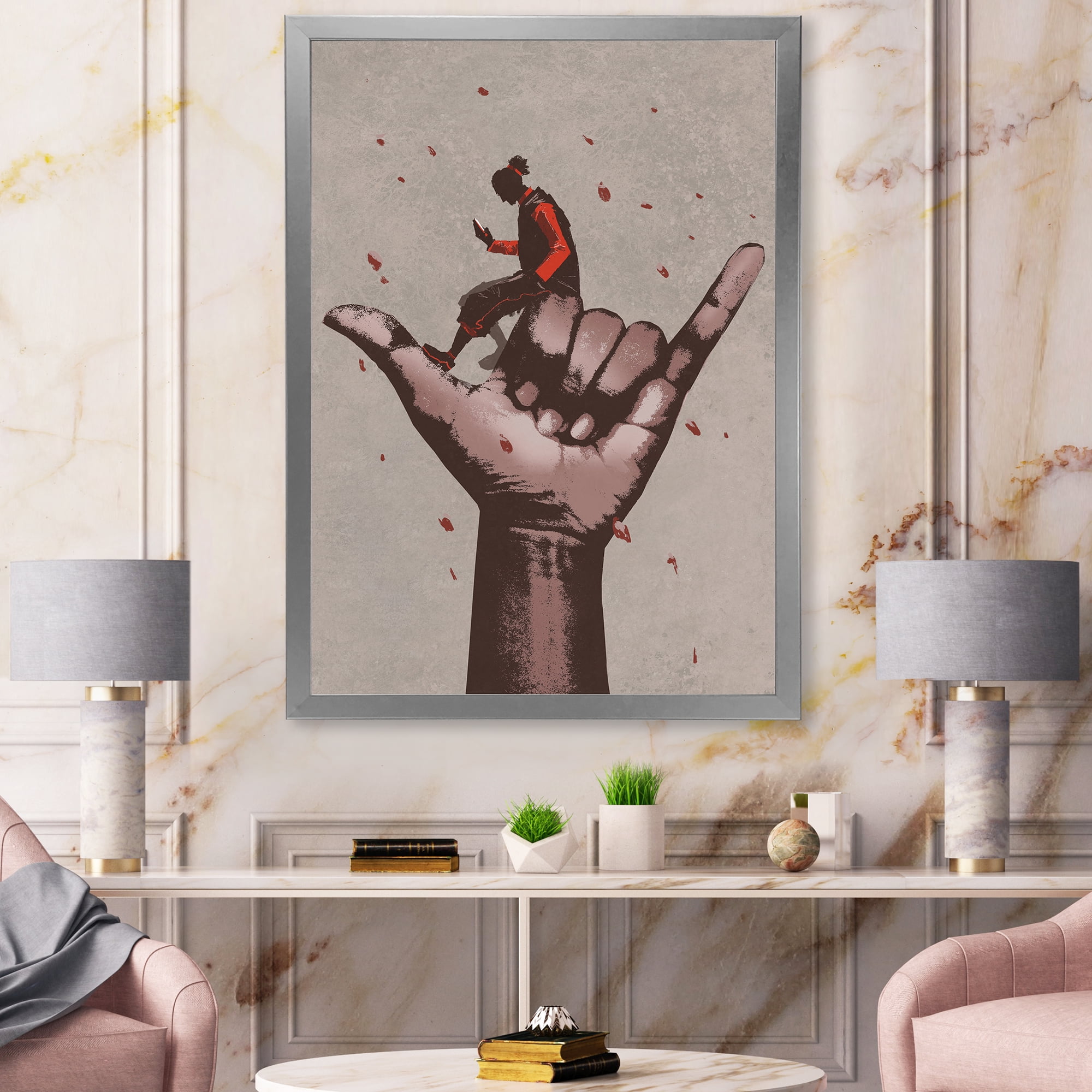 Designart 'Man Using Mobile Phone With Call Me Sign' Modern Framed Art Print