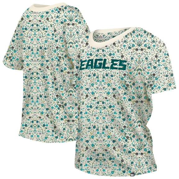Women's New Era Cream Philadelphia Eagles Glam Game Floral Scoop Neck T-Shirt
