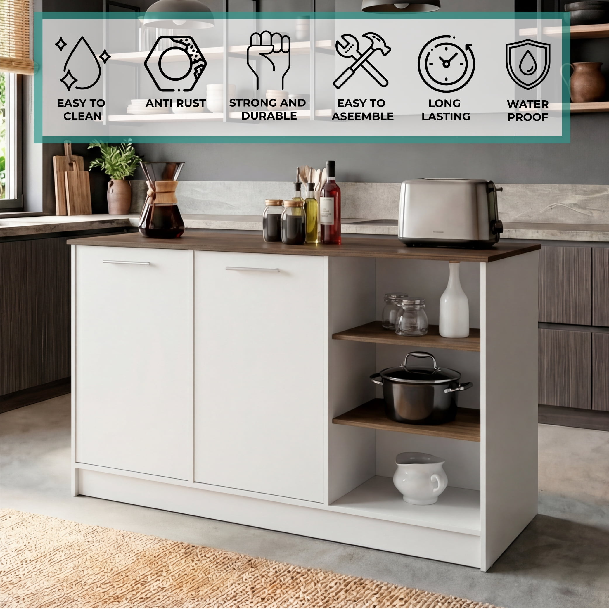 Ginger Kitchen Island, Three Open Shelves, Two Cabinets White / Dark Brown