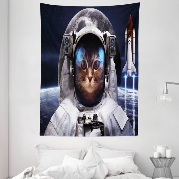 Space Cat Tapestry, Cat in Cosmonaut Outer Space Clothes in Cosmos Travel with Rocket, Wall Hanging for Bedroom Living Room Dorm Decor, 60W X 80L Inches, Navy Blue White and Red, by Ambesonne