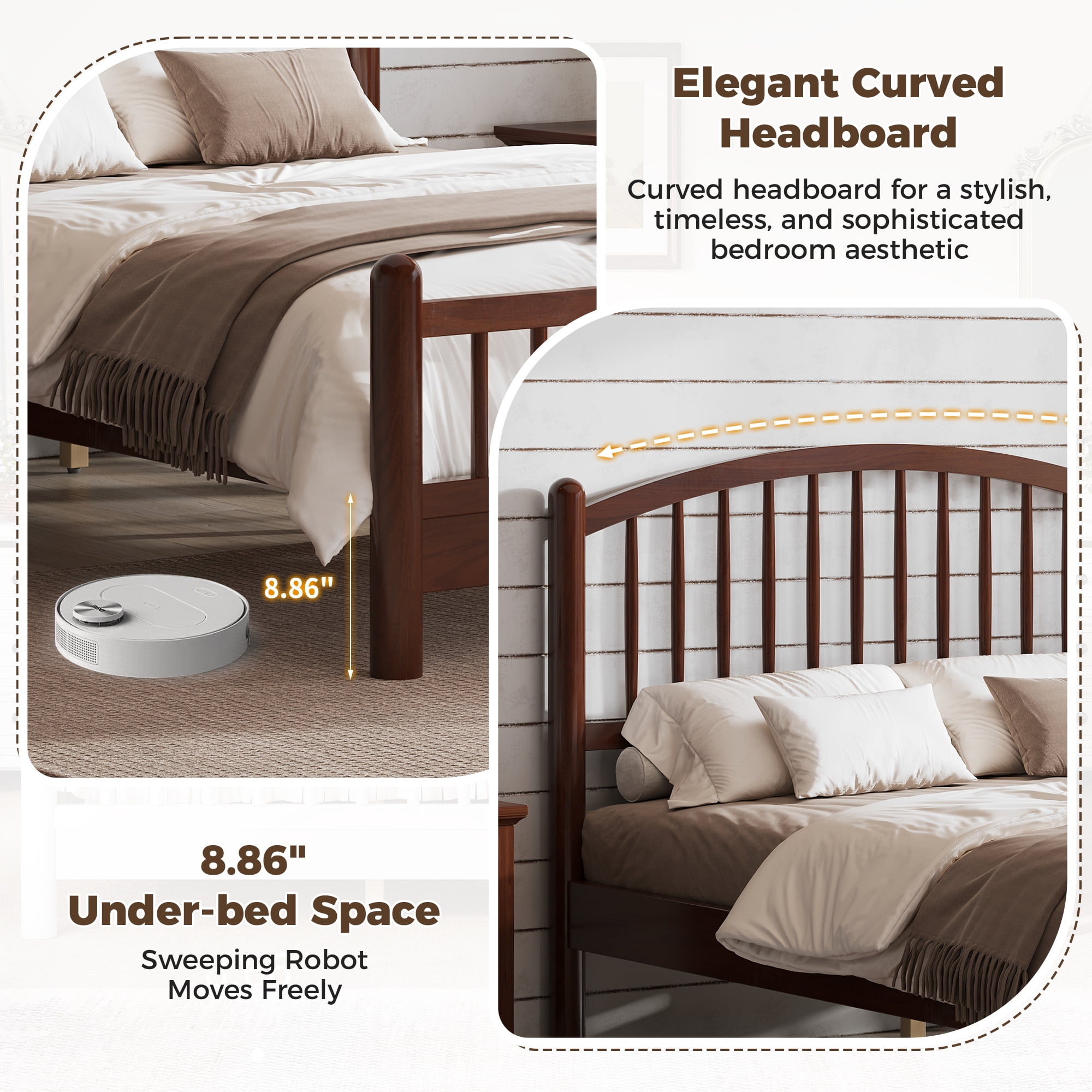 Euroco Full Size Wood Platform Bed with Arched Headboard, No Box Spring Needed, Espresso