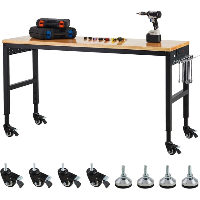 YUSAZENS 72 x 25 Inch Adjustable Wood Metal Workbench, Square Tube Frame with Caster Cups, Large Size Utility Table for Industrial DIY and Storage