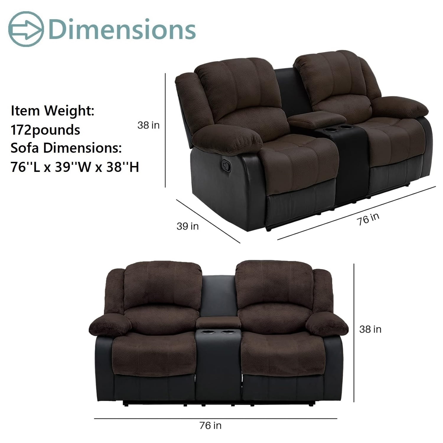Nathaniel Home Manual Reclining Sofa, PU Leather Upholstered Double Recliner Loveseat, 2-Seater Home Theater Seating with Console, Arm Sofa Recline Chair for Living Room, Brown