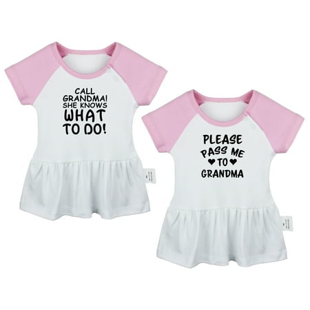 

Pack of 2 Call Grandma She Knows What to Do & Please Pass Me to Grandma Funny Dresses For Baby Newborn Babies Skirts Infant Princess Dress Toddler Frocks (Pink Raglan Dresses 6-12 Months)