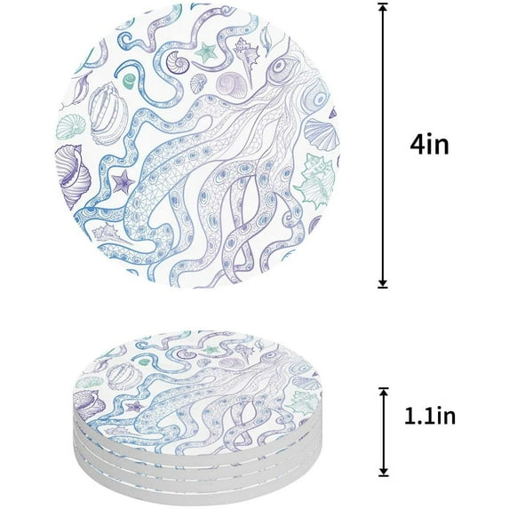 FMSHPON Octopus Set of 8 Round Coaster for Drinks, Absorbent Ceramic Stone Coasters Cup Mat with Cork Base for Home Kitchen Room Coffee Table Bar Decor