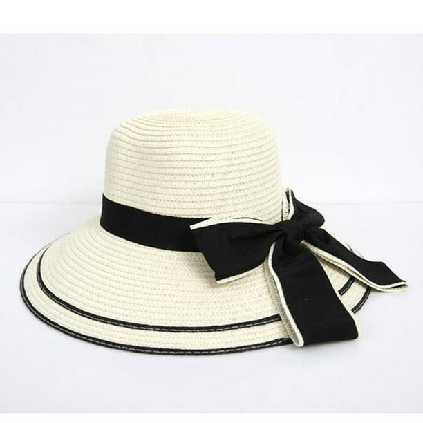 Caps Clearance Women Summer Big Straw Hat Sun Floppy Wide Hats New Bowknot  Folding Beach Cap White 