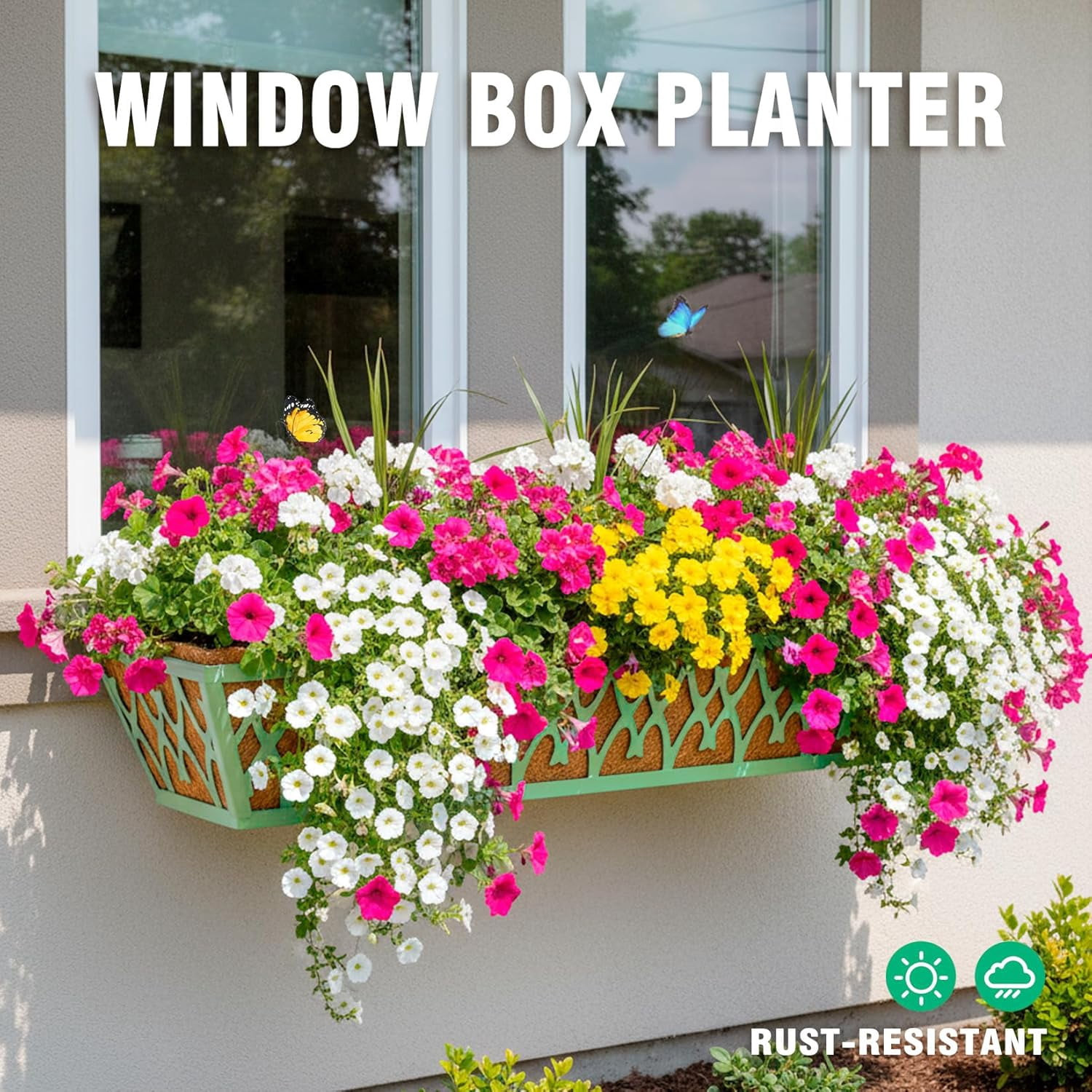 2 Pack 24 Inch Window Boxes Planters Railing Planter Box with Adjustable Brackets for Porch Fence Patio Balcony Hanging Flower Baskets with Coco Liners for Outdoor Garden Décor - Black