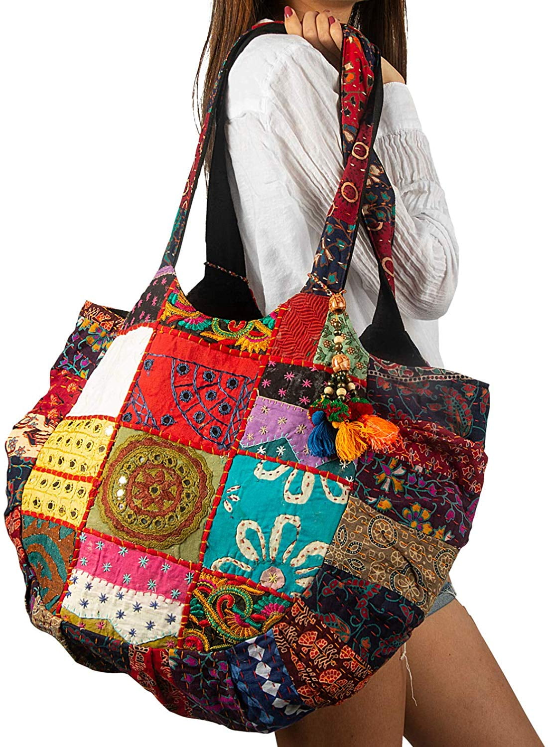 Tribe Azure - Floral Embroidered Boho Tote Shoulder Bag Large Fashion