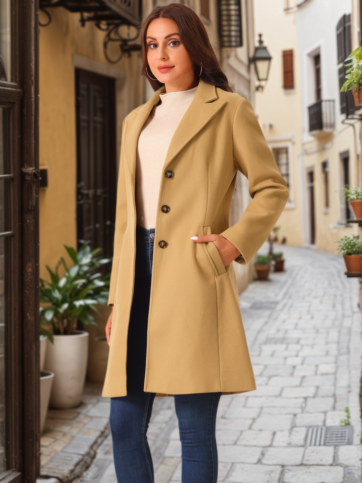 DARING DIVA Women's Winter Single Breasted Peacoat Notched Lapel Button Down Overcoat M Khaki