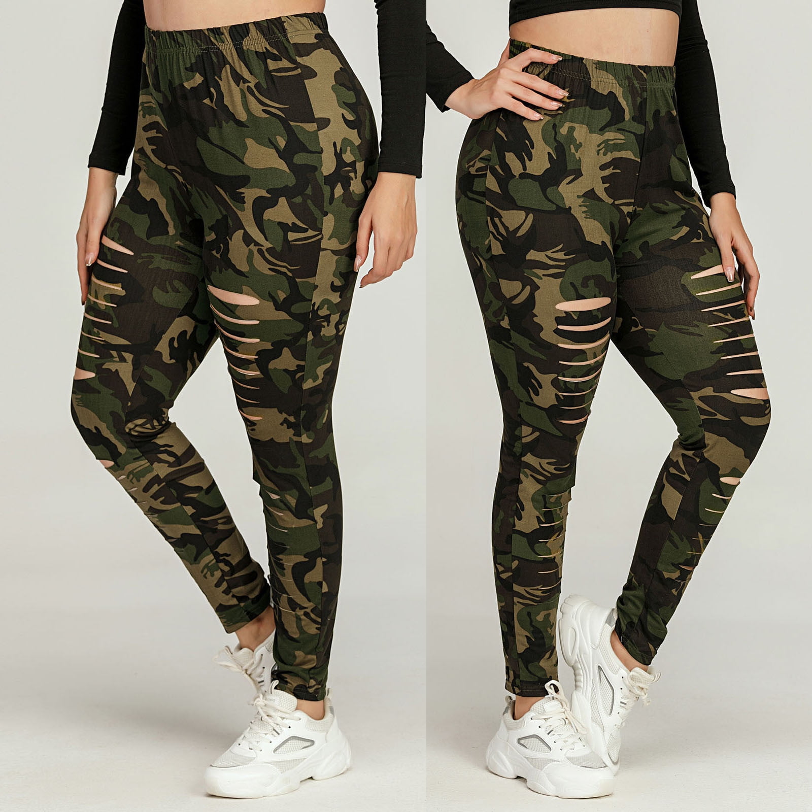 Sinwo Womens Plus Size Camouflage Leggings Trousers Sport Running Hole Casual Pants 