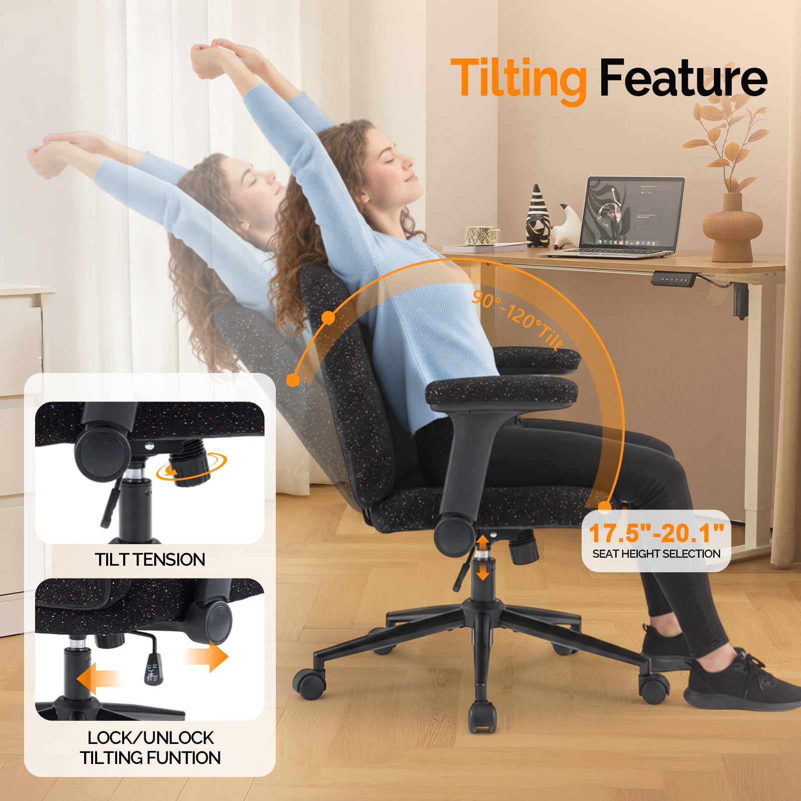 Ktaxon Office Chair, Flip-Top Armrest Desk Chair on Metal Star Base, Starry Chenille Vanity Chair with Adjustable Height & Swivel Wheels Black