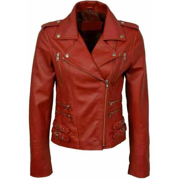 Women's Red Lambskin Real Leather Stylish Jacket Biker Motorcycle Slim Fit Coat W434