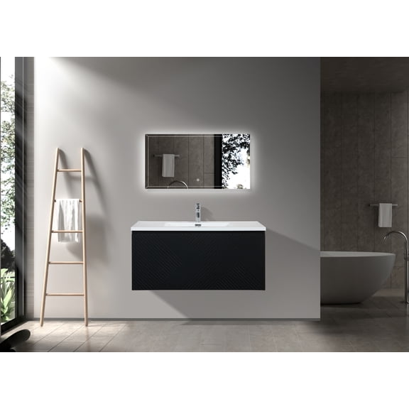 Alma-Moore 40″ Black Wall Mount Vanity With A Integrated White Sink