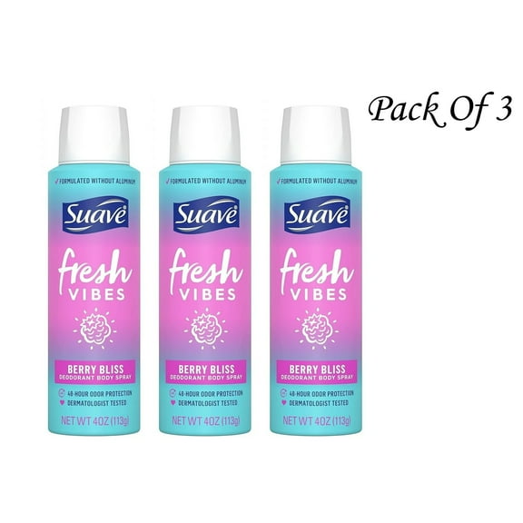 Suave Fresh Vibes Berry Bliss deodorant Body Spray 4 Oz (Pack of 3)