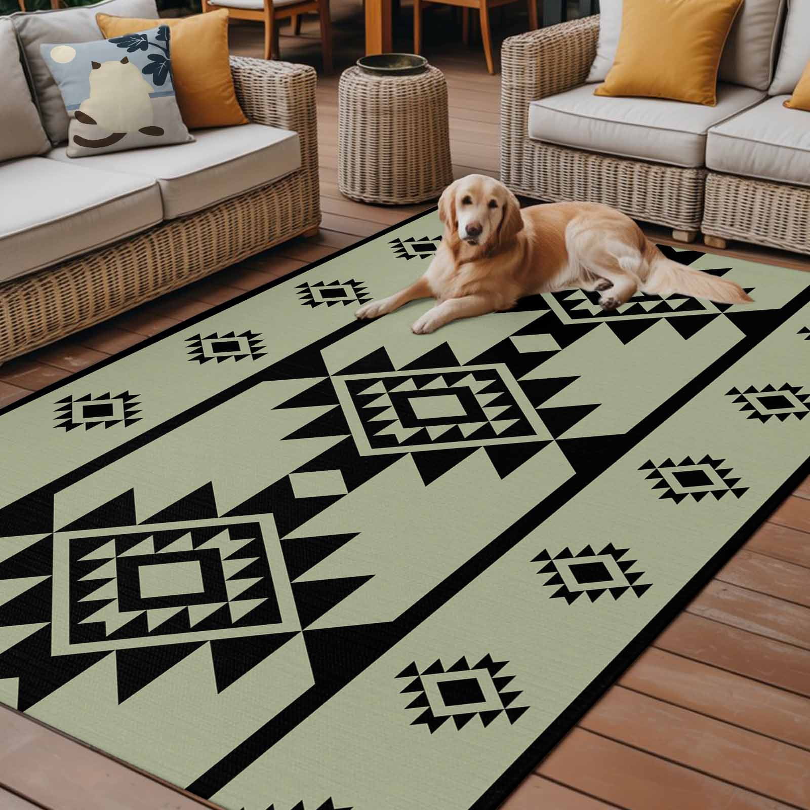 Fsddascl Sage Green Boho Outdoor Rug for Patio/Deck/Porch, Non-Slip Large Area Rug 6 x 9 Ft, Southwest Aztec Abstract Geometric Indoor Outdoor Rugs Washable Area Rugs, Reversible Camping Rug Carpet